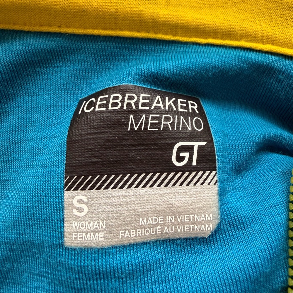 Icebreaker Wool Teal Blue Hooded Jacket with Yellow Stripes - Picture 4 of 4